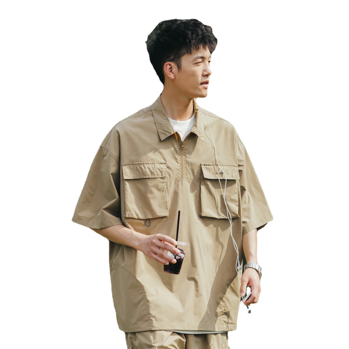 Camisa de polo japonesa de los hombres de manga corta de verano marca de moda suelta más tamaño camisa de herramientas de montaña funcional camiseta de media manga