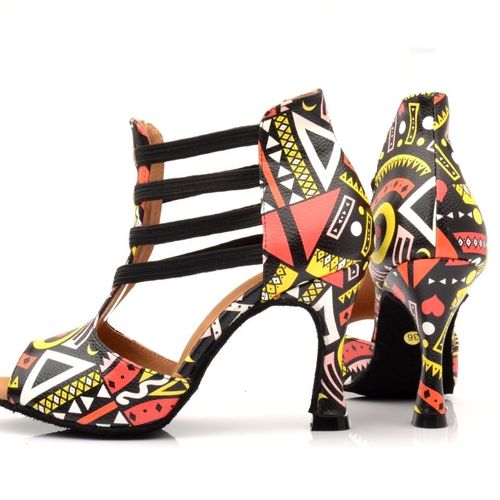 Colorful printed dance shoes ballroom waltz tango dance sandals, female professional Latin dance shoes, soft soled high heels dance shoes, indoor party shoes