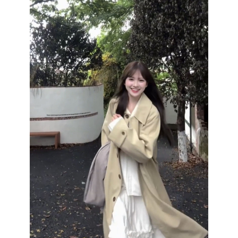 早秋2025新款极简风少女韩系翻领风衣女卡其色廓形中长款气质大衣|undefined