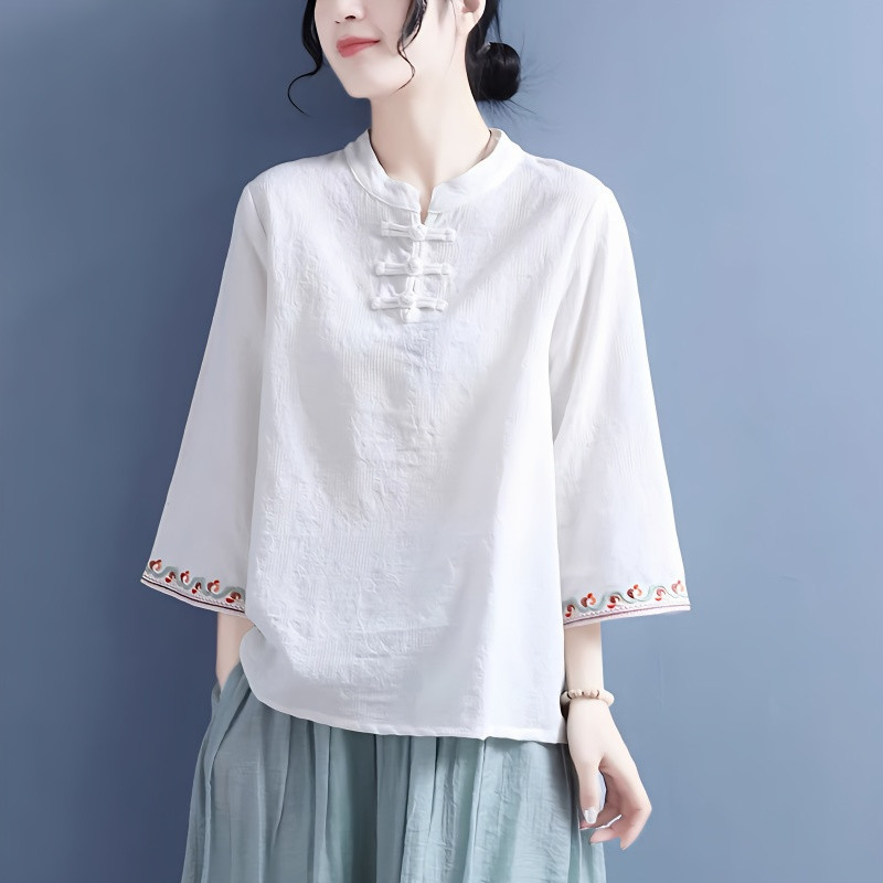 Cotton and Linen Jacquard Embroidered Bell-Sleeve Shirt for Women, 2026 Spring/Summer Style, Chinese Style Retro Button Fashion Ethnic Style Top