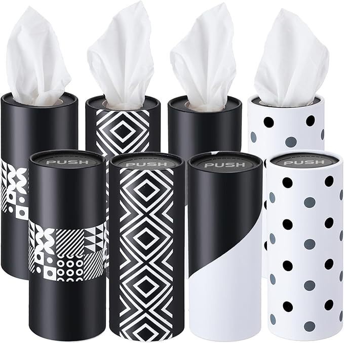 Car cup holder tissue holder in black and white geometric design, customizable with logo, cylindrical car tissue holder with replaceable tissues