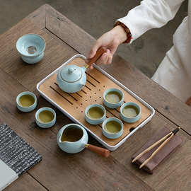 9WOR汝窑旅行功夫茶具套装便携式户外泡茶侧把盖碗茶杯哥窑简易包
