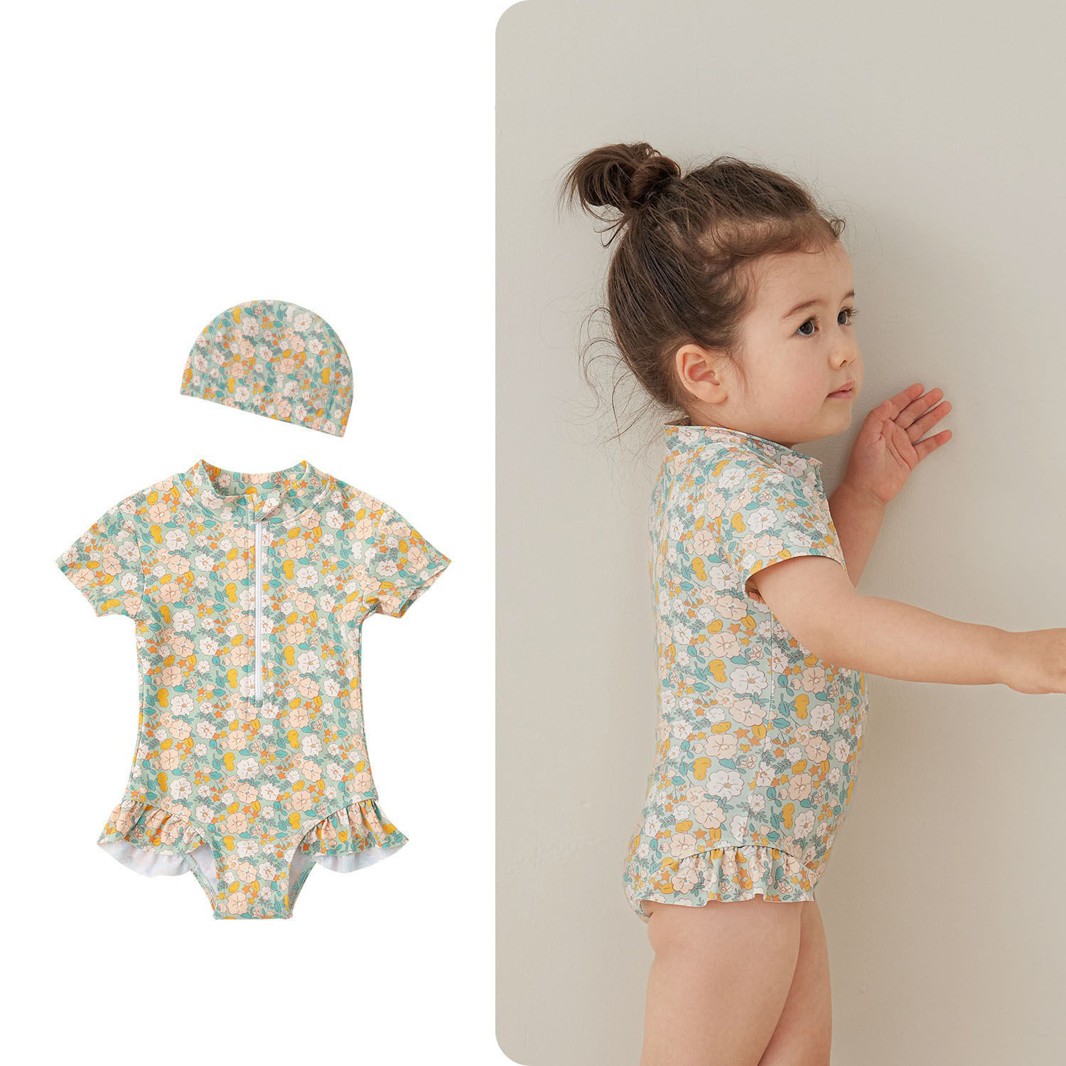 Girls' Summer One-piece Short-sleeved Swimsuit Quick-drying Baby Seaside Sun-protective Clothing Girls' Swimming Broken Lace Floral Swimsuit