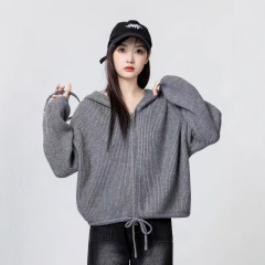 韩系新款 拉链毛衣开衫女装2025秋冬抽绳宽松显瘦款 针织外套上衣