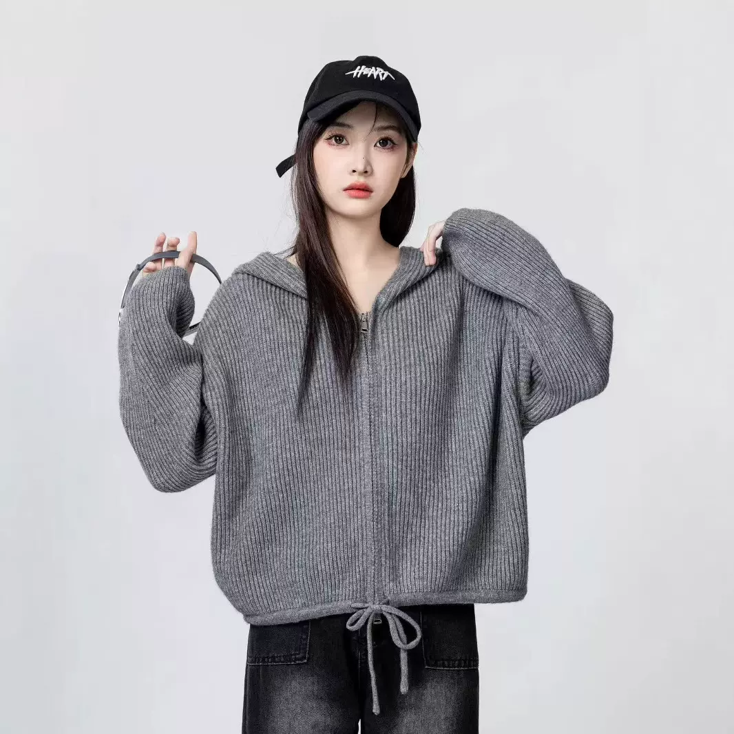 韩系新款 拉链毛衣开衫女装2025秋冬抽绳宽松显瘦款 针织外套上衣