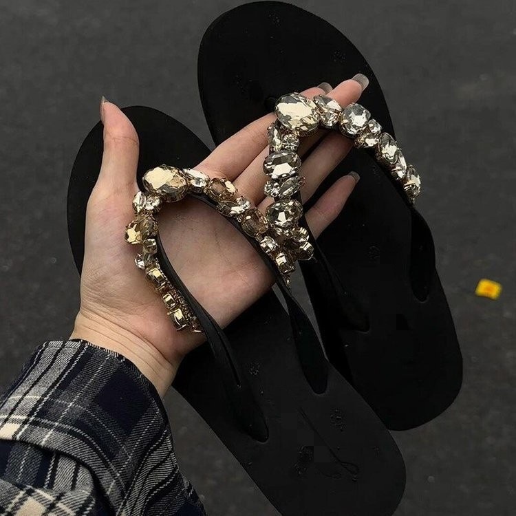 Corea del Sur tacones gruesos diamante flip flops para mujeres 06 verano nuevo anti-deslizante aumento de altura de playa de vacaciones sandalias