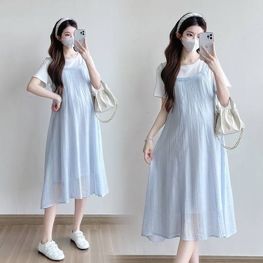 Pregnant Women's dress 2025 New Summer Korean Fashion Loose Slimming Fashionable Fake Two-piece Slip Skirt