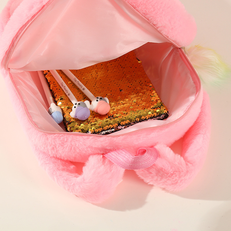 新款Unicorn独角兽彩色兔毛幻彩毛绒球双肩包儿童女孩学生书包详情图13