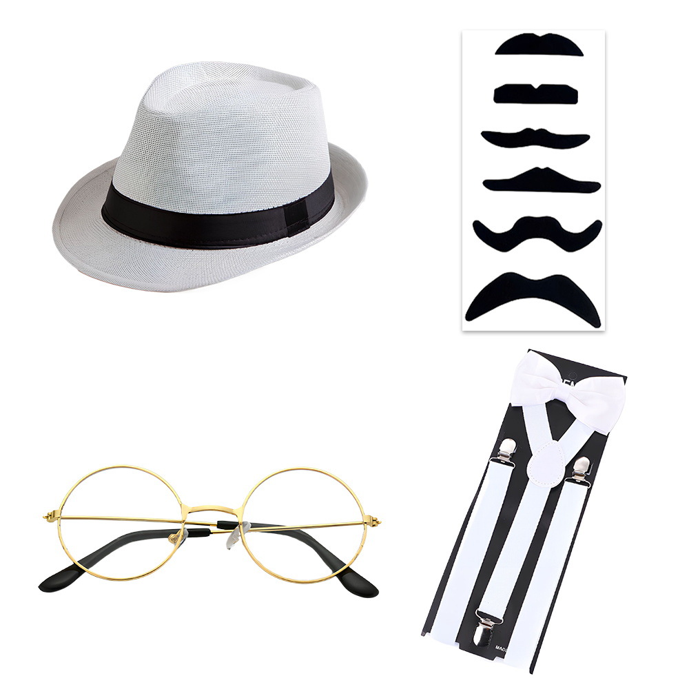 1920s Gatsby Party Dress Up Correa Reloj de bolsillo Barba falsa Traje Vestido de moda Sombrero de copa Corbata Años 20