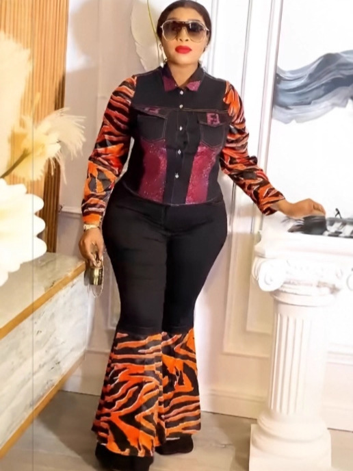 Yevropa va Amerika uslubidagi kundalik chegaralararo yangi denim bosmali uzun yengli moda shimlar ikki qismli, katta o'lchamli ayollar uchun leopard bosmali to'plam