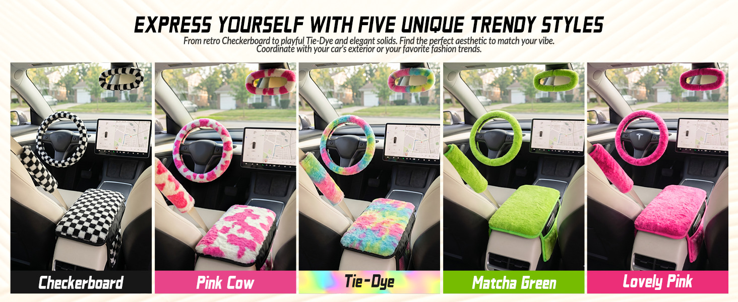 Cross-border plush steering wheel cover, seat belt cover, armrest box pad, car interior accessory set, winter warm and cute