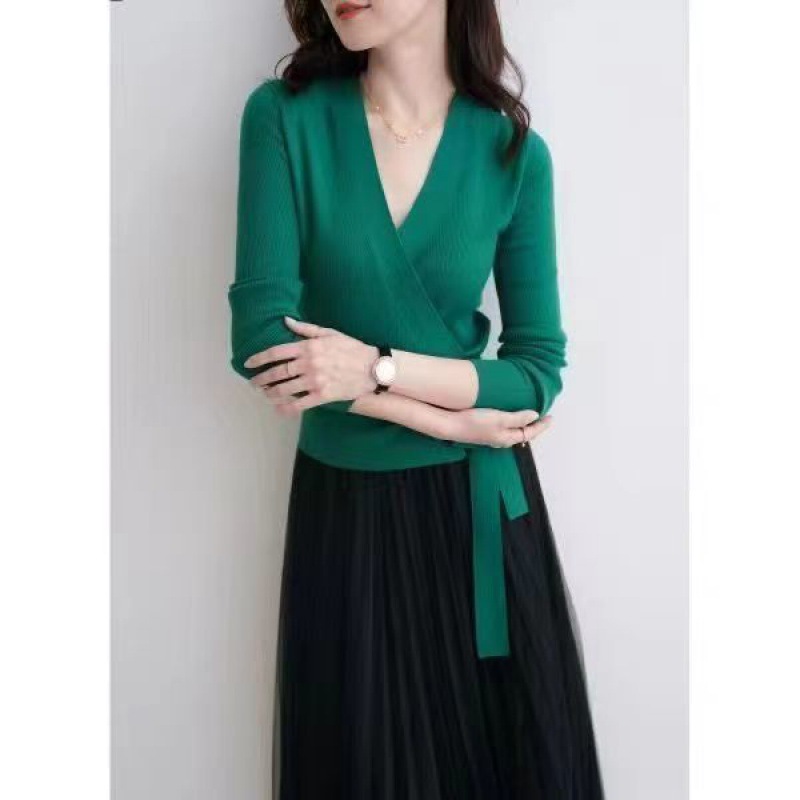 랩 크로스 스트랩 칼라 니트 스웨터 가을과 겨울 새로운 우아한 패션 슬림핏 슬리밍 여성을위한 올매치 베이스 스웨터