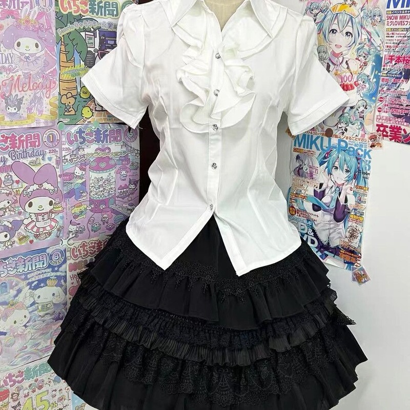Japanese-Style Versatile Gothic Punk Cos Subculture Plus-Size Black and White Short-Sleeve Elegant Lace Shirt
