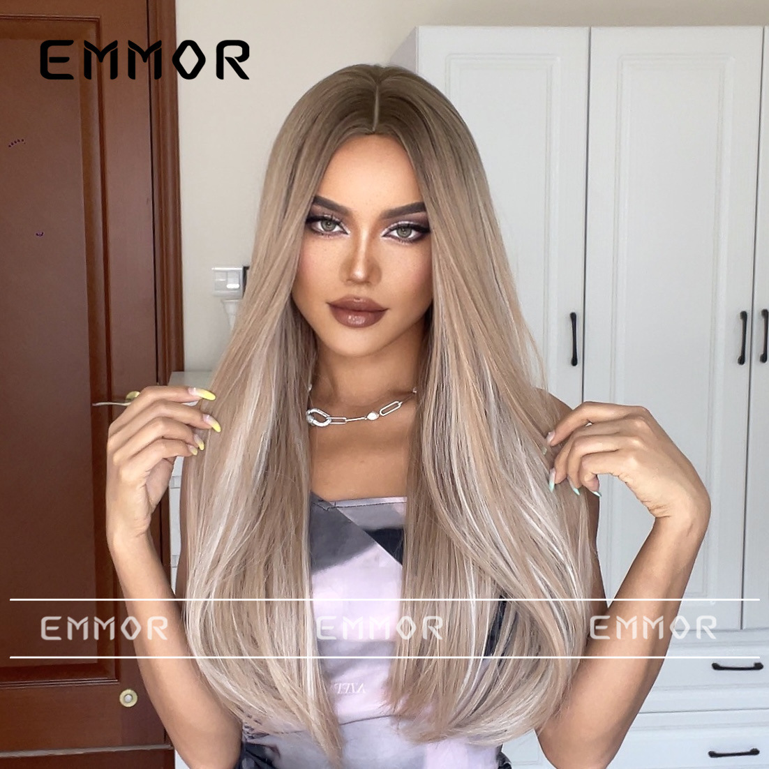 Peluca Mujeres de longitud media sin flequillo degradado teñido marrón largo cabello liso esponjoso natural europeo y americano cubierta de la cabeza completa Peluca de pelo