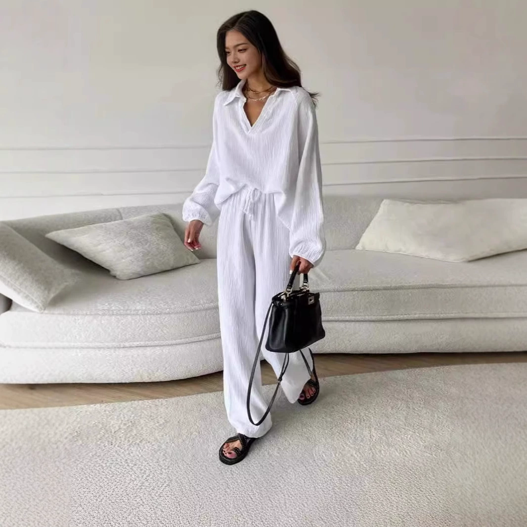 2025 Европейский и американский трансграничный новый костюм из хлопка и льна Amazon, кардиган, топ с длинными рукавами, брюки с карманами и широкими штанинами, комплект из двух предметов