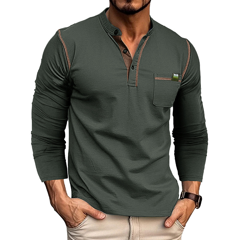 217g Weight Long Sleeve Sleeve Length Half Placket Placket Type Regular Sleeve Sleeve Type Cotton Blend Fabric Type Regular Top Length T-shirt Tops Type Daily Occasion Round Neck Neckline Breathable Function Regular Fit Fit Type Solid Color Pattern Spring, Autumn Season Men's Gender Casual Style Wholesale Men's Casual Solid Color Long Sleeve Men's Tops 12