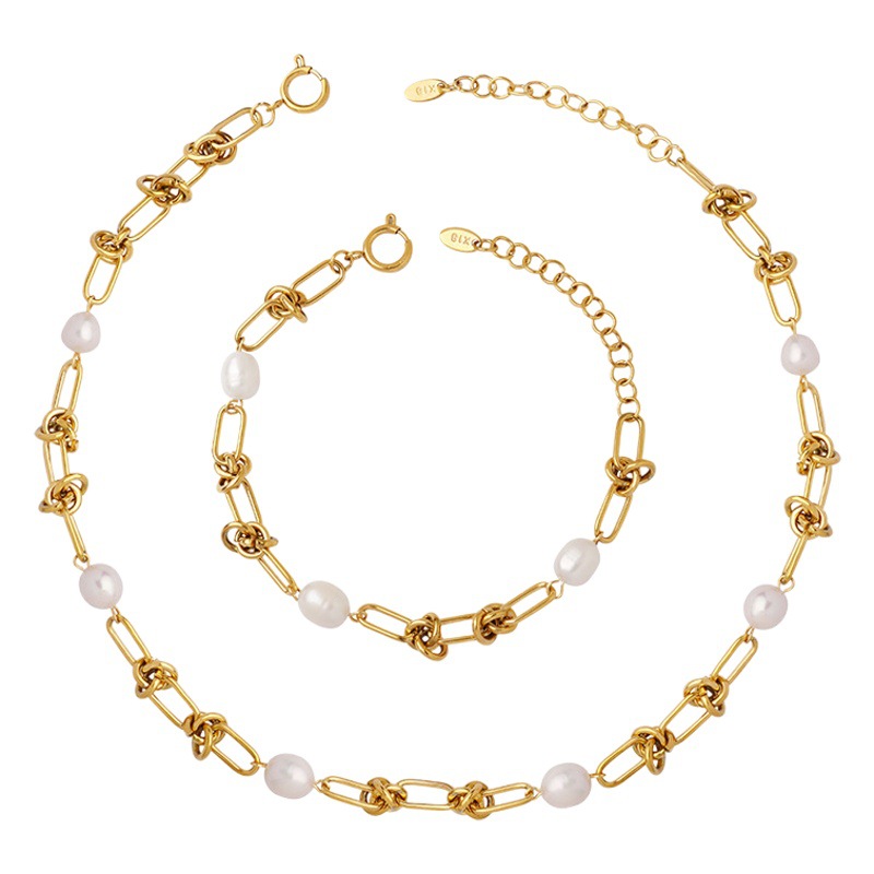 Marka titanio acero nicho luz joyería de lujo perla de agua dulce torcedura pendientes pulsera joyería traje P470-E344