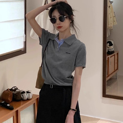 BRIVIN韓系灰色偽2枚polo襟ニット半袖女性2025夏の新型薄い上着