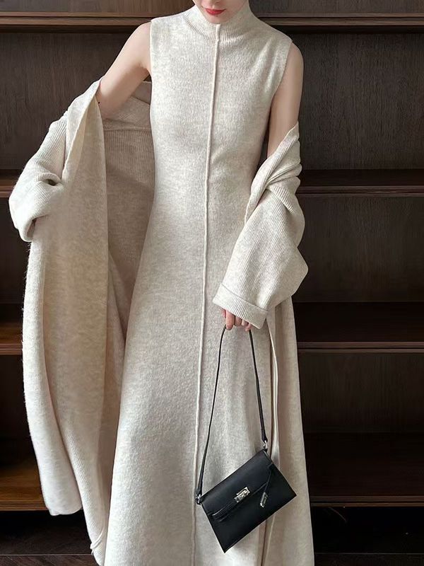 秋と冬の新しいファッショナブルなハイカラードレスツーピースレイジースタイルロングニットカーディガンセータースーツ女性用|undefined