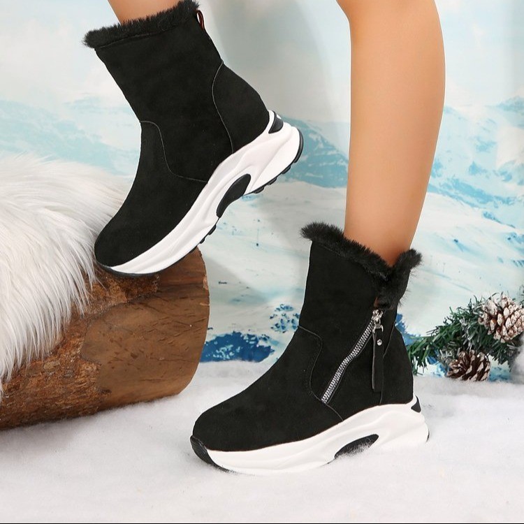 New round head with velvet warm side zipper low cylinder flat casual student women's snow boots_voghion.com