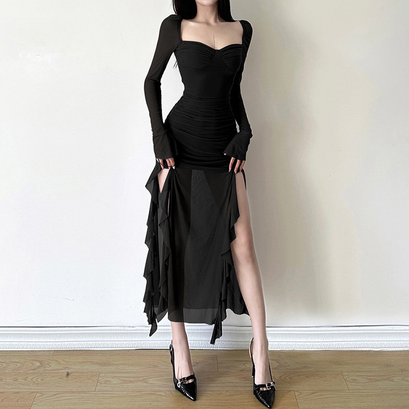 European And American Style 2024 Autumn Winter New Women's Mesh Ruffle Niche Design Long Sleeve Square Neck Dress_ecoleips.com