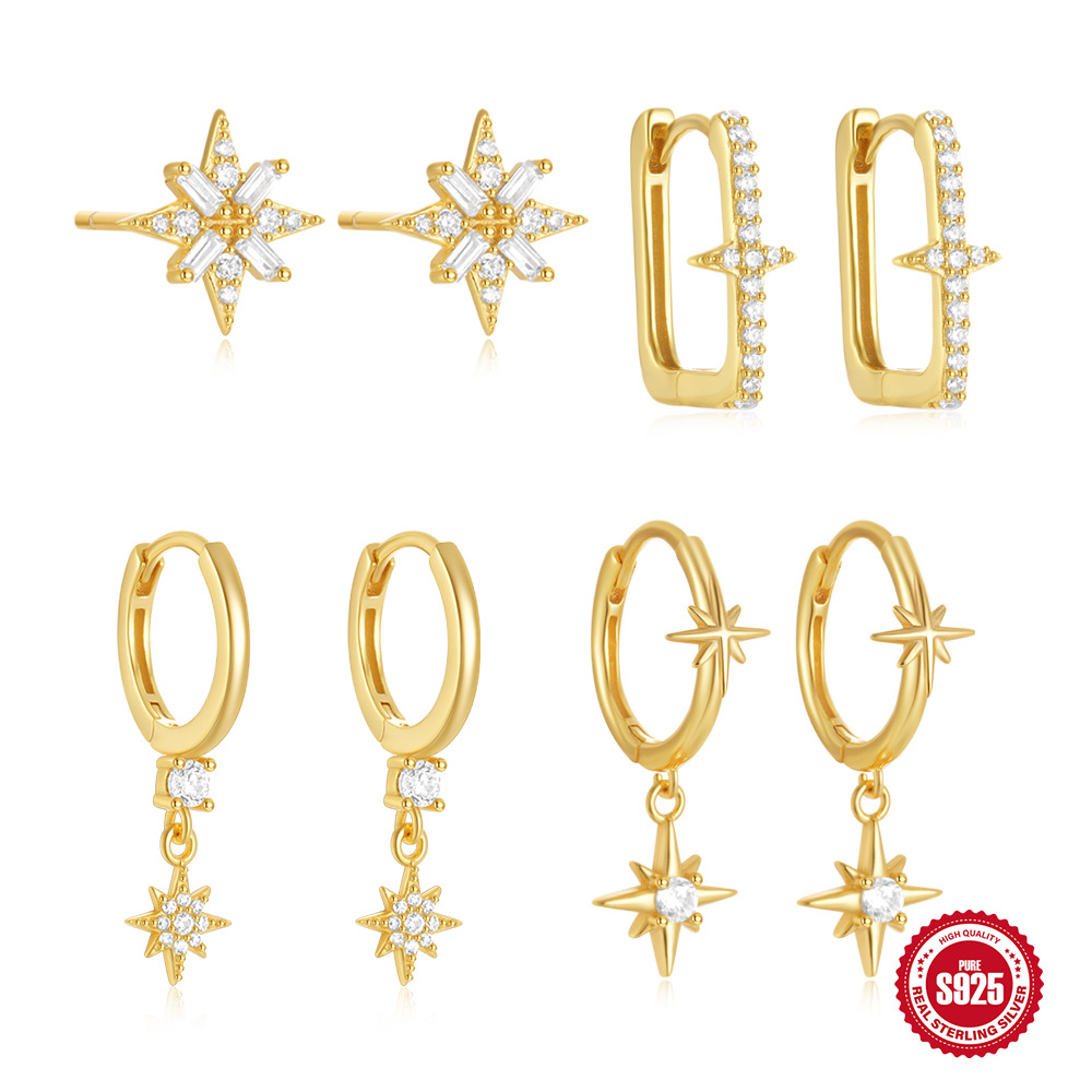 Pendientes de copo de nieve de estrella de ocho puntas de circón simple y moderno de plata de ley s925