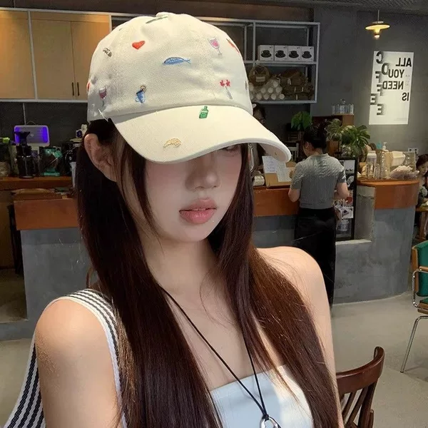 Cute cartoon embroidered baseball cap for women, summer wide-brimmed sun hat, oversized for large head circumference, makes face look smaller, trendy