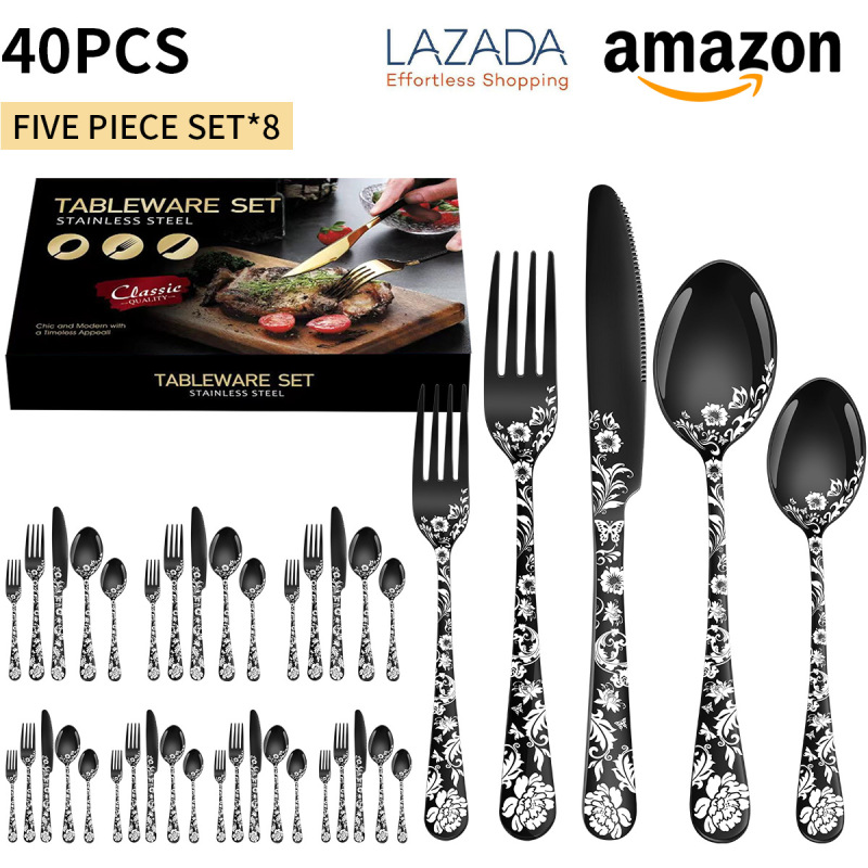 Cross-border Amazon Pattern Stainless Steel Tableware Knife, Fork and Spoon 40-piece Set 8-person Western Tableware Steak Knife, Fork and Spoon