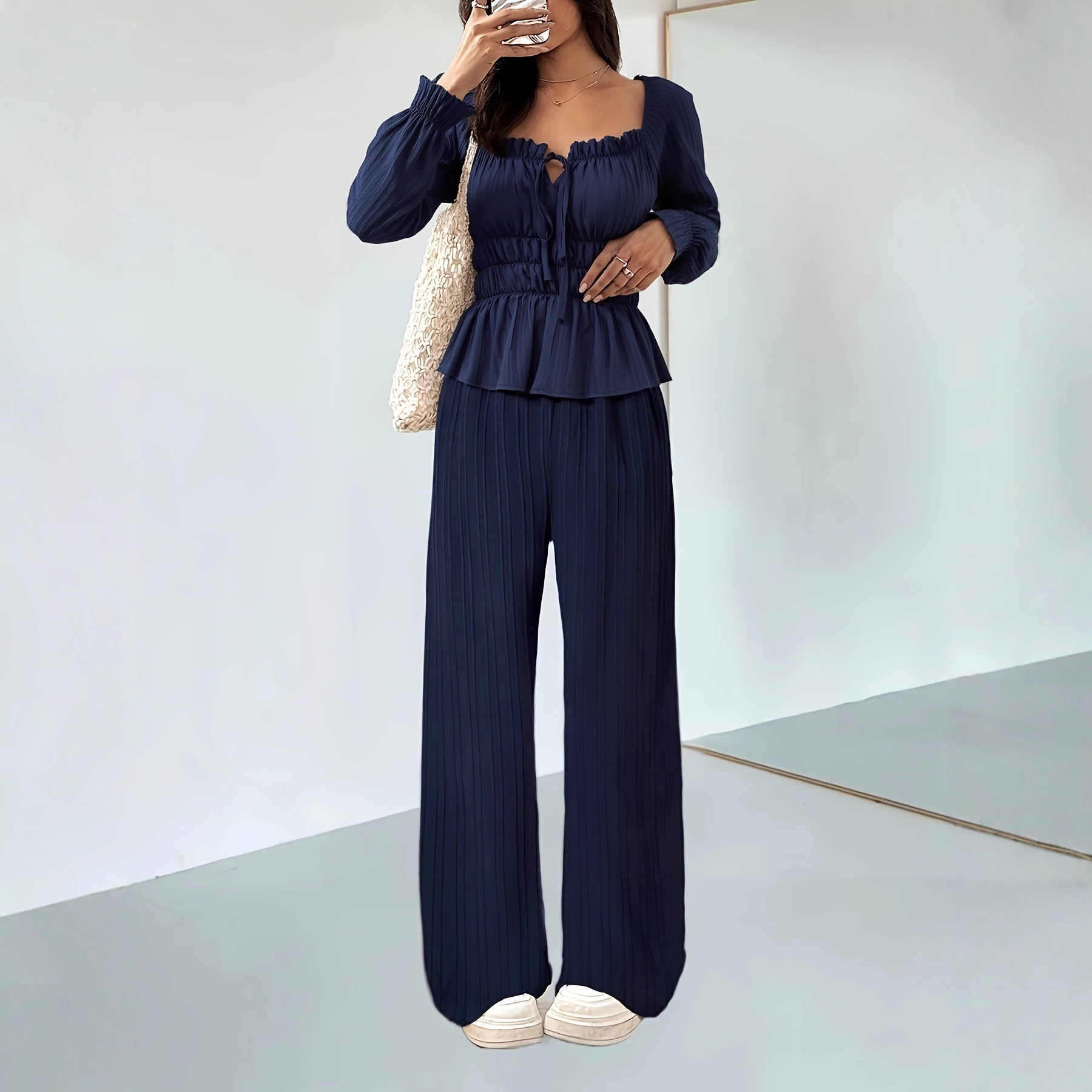 Ensemble chemisier à volants et pantalon large d'inspiration française – Style bohème chic élégant pour femme (Tailles S à XXL, bleu marine, esthétique minimaliste euro-américaine)_voghion.com