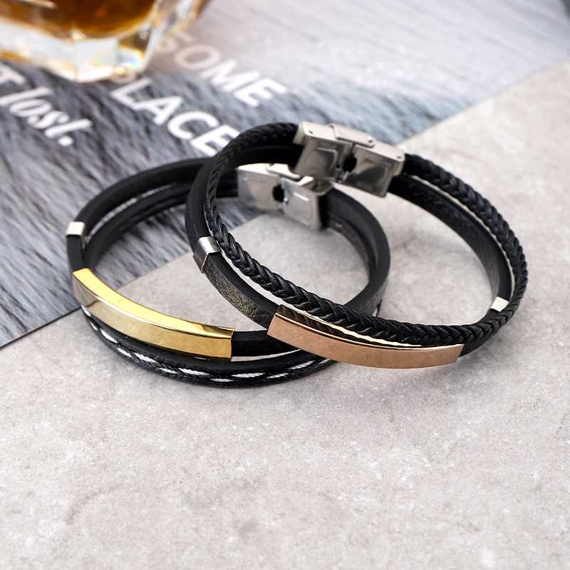Leather Rope Woven Bracelet Boys New Fashion Brand All-match High-end Sense Hand Rope Titanium Steel First Jewelry Engraving Men's Bracelet