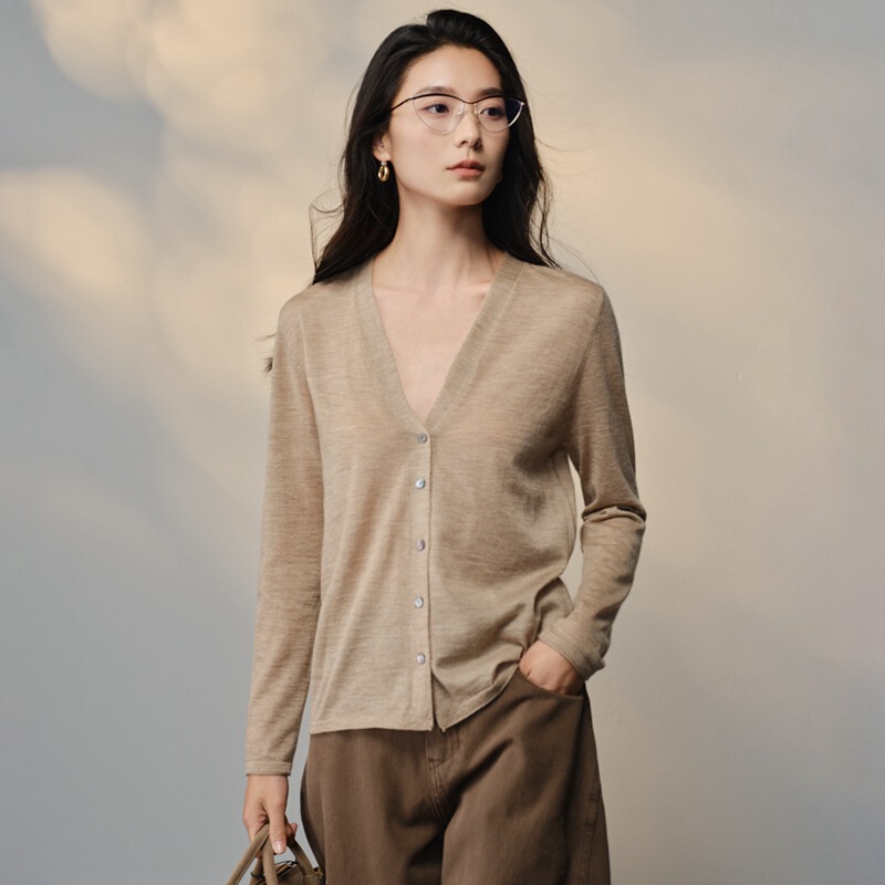 Women's V-Neck Cardigan 2026 New Style 80-Count Fine-Spun Thin Pure Cashmere Long-Sleeve Knit Top for Air-Conditioned Rooms