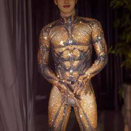 夜店酒吧男演出服满钻高货手工钻连体舞台装豹点老花表演服