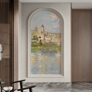 现代法式入户玄关装饰画轻奢竖版拱形走廊过道莫奈风景壁画3d壁纸