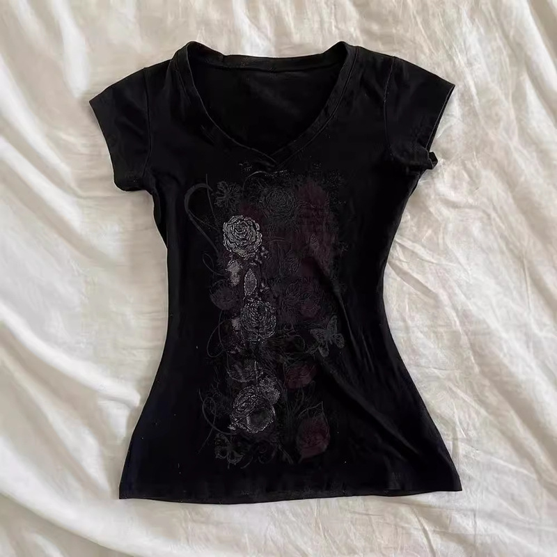 210g 40 CounT Pure CoTTon 1*1] EleganT ReTro Black PrinTed T-shirT Niche Design WaisT Slimming Look Top