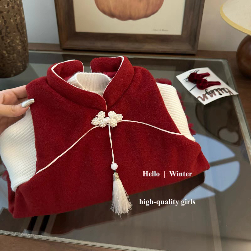 Ropa de niños vestidos de niñas de invierno estilo extranjero temperamento de alta gama chaleco vestido de Año Nuevo vestido de aniversario de princesa roja