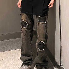 美式vibe做旧破洞补丁牛仔裤男女款高街hiphop复古宽松直筒阔腿裤