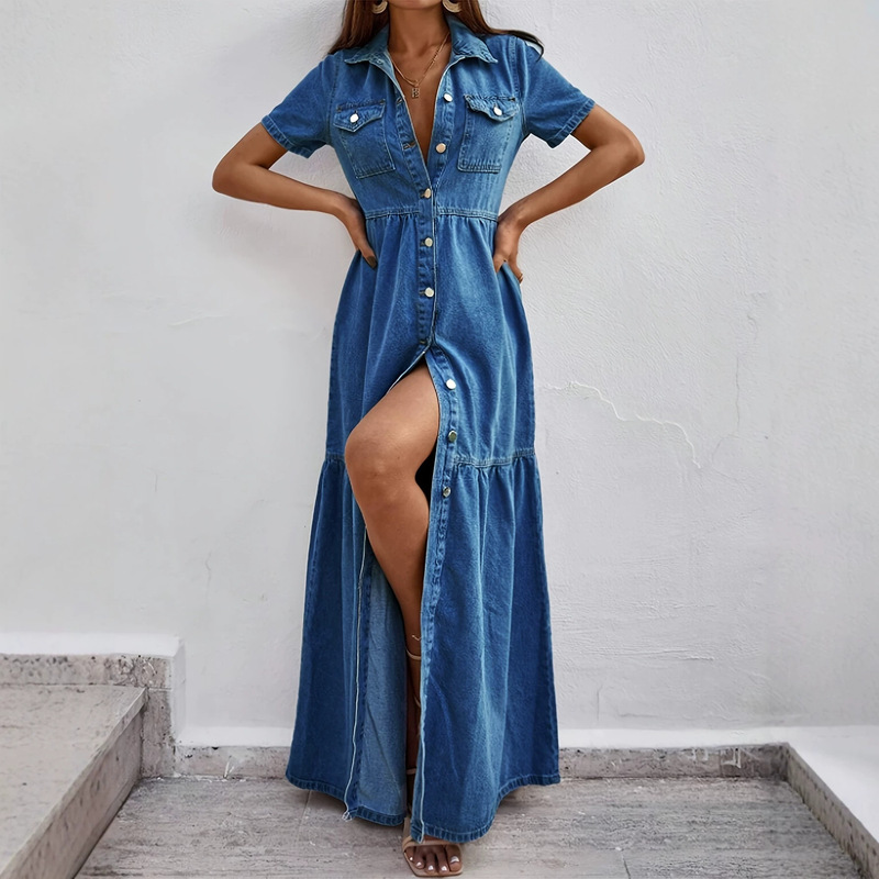 Cross-Border Amazon Denim Dress Wish Women's Clothing Independent Site Women's Solid Color Casual Single-Breasted Long Dress