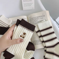 Women's Spring and Summer Color Striped Socks, Marigold Style Striped Bear Mid-Calf Socks, Instagram Trendy Japanese Style Versatile Stacked Socks