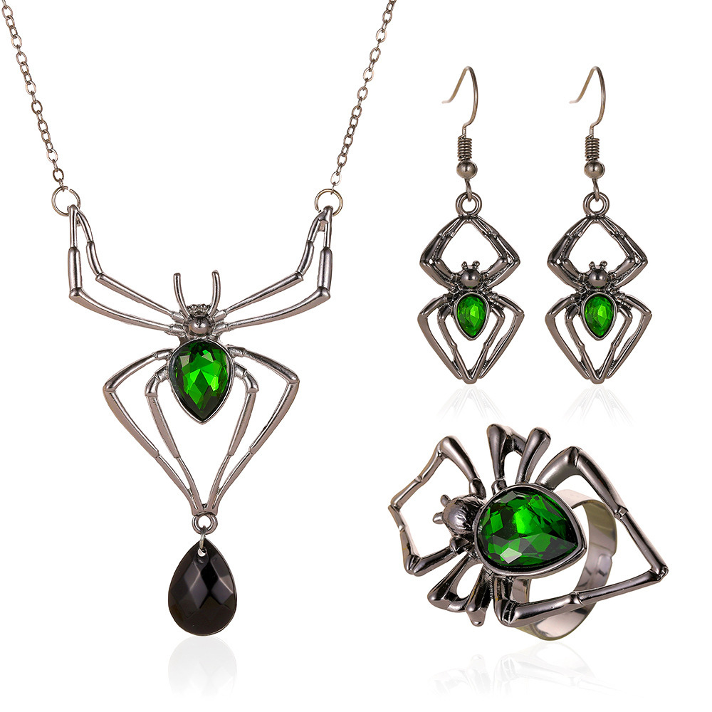 Set di tre pezzi di collana, orecchini, anello e accessori verdi a forma di ragno per Halloween_voghion.com