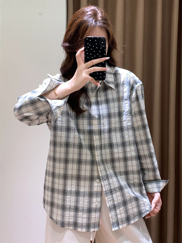朵妮 DN红人店同款！美式复古松弛感翻领水洗纯棉格纹长袖衬衫女|undefined