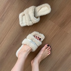 欧美风外穿拖鞋女2025秋季方头中跟露趾毛毛鞋粗跟高跟凉拖