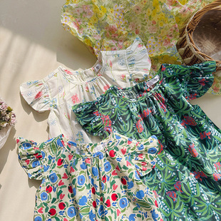Floral Lotus Sleeve Korean Style Children's Wear Girls dress 2025 Summer New Wash Cotton Styline Children's Skirt Foreign Trade