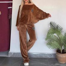 2024欧美跨境爆款女装春秋金丝绒纯色圆领蝙蝠袖休闲两件套女装
