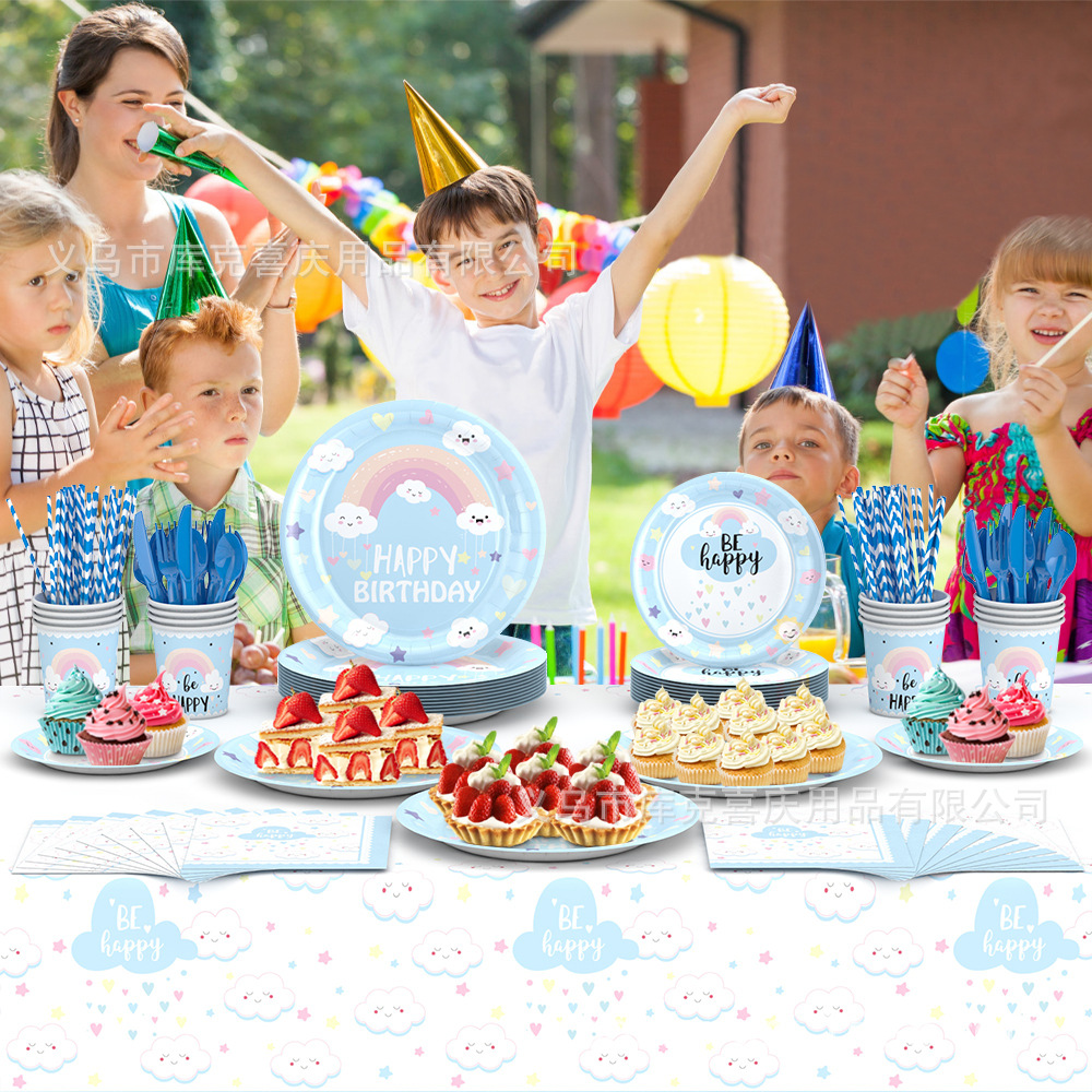 Rainbow Cloud Theme Party Bandeja de papel Decoración Cumpleaños infantil Taza de papel desechable Bandeja de papel Juego de decoración de bandera