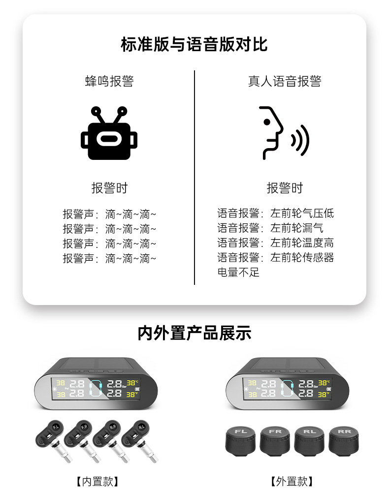 Ty08 Tire Pressure Monitor Internal and External Wireless Solar-Powered Tire Pressure Detection for Cars, New Model, Cross-Border, Multi-Functional