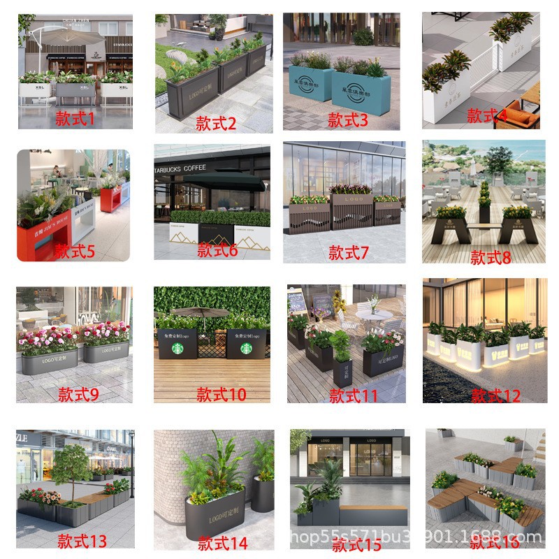 Barrera de hierro forjado al aire libre tanque de flores de acero inoxidable combinación caja de plantación rectangular departamento de ventas plaza carretera municipal