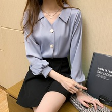 2025春款职业V领雪纺衬衫女长袖宽松韩版气质百搭上衣