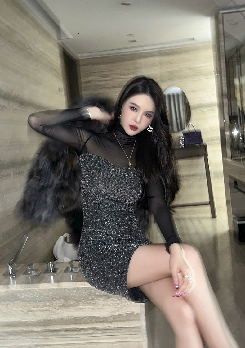 Váy liền ôm sát kiểu Pháp phối lưới gợi cảm, có chân váy trong — Màu đen chi tiết 6