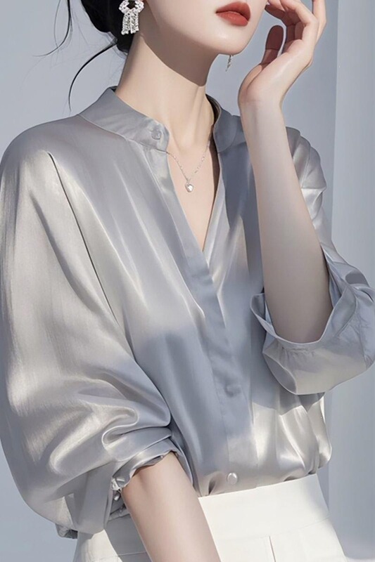 French-style, subtly luxurious satin silk blouse for women, new spring/summer collection, stylish collar, made with mulberry silk