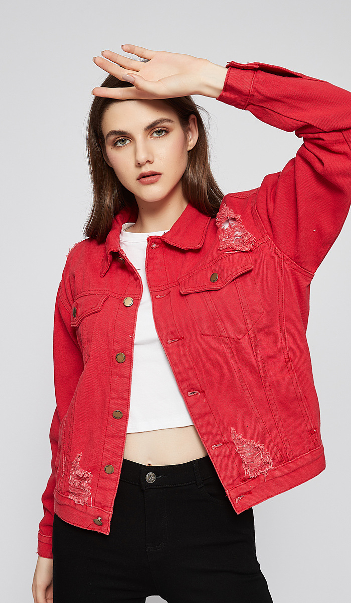 autumn red long-sleeved single-breasted ripped denim jacket nihaostyles wholesale clothing NSSY90694